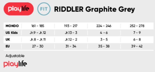 Powerslide Riddler Graphite Grey sizing chart